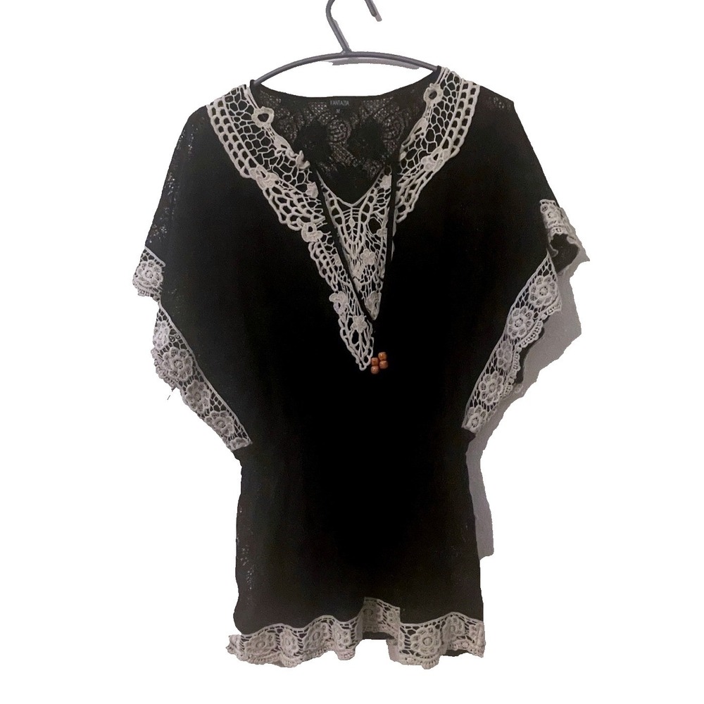 Fantazia‎ Women Lace Crochet Boho Tunic Top Medium Black White Wood Bead Tassel